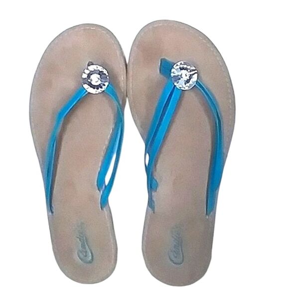 Candie's Flip Flops Women's Thong Style Teal Tan Faux Suede and faux gems Y2K 10 - Picture 1 of 5